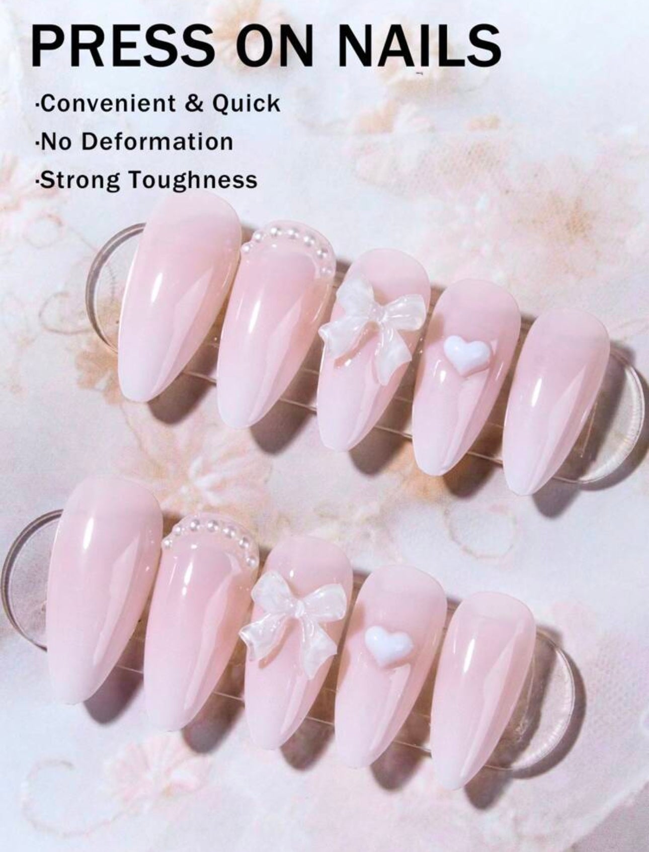 French Ombre with Heart and Pearl Bows press-ons