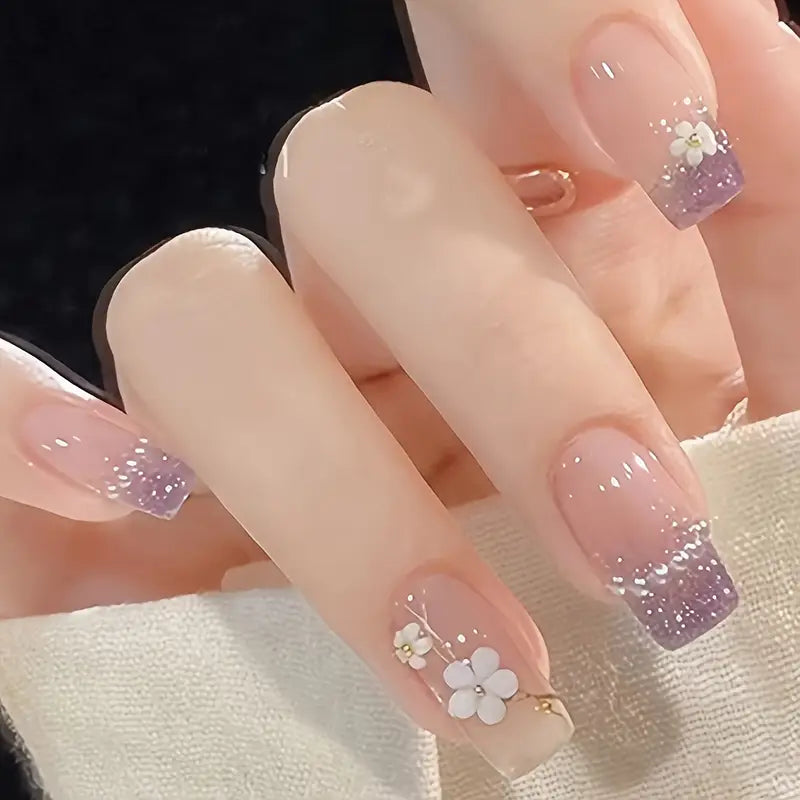 Floral and Pearl Glossy Finish press-on nails
