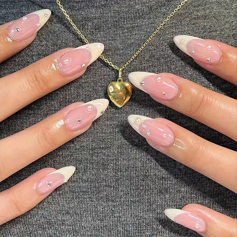 French Almond with pearl and rhinestones press-on nails