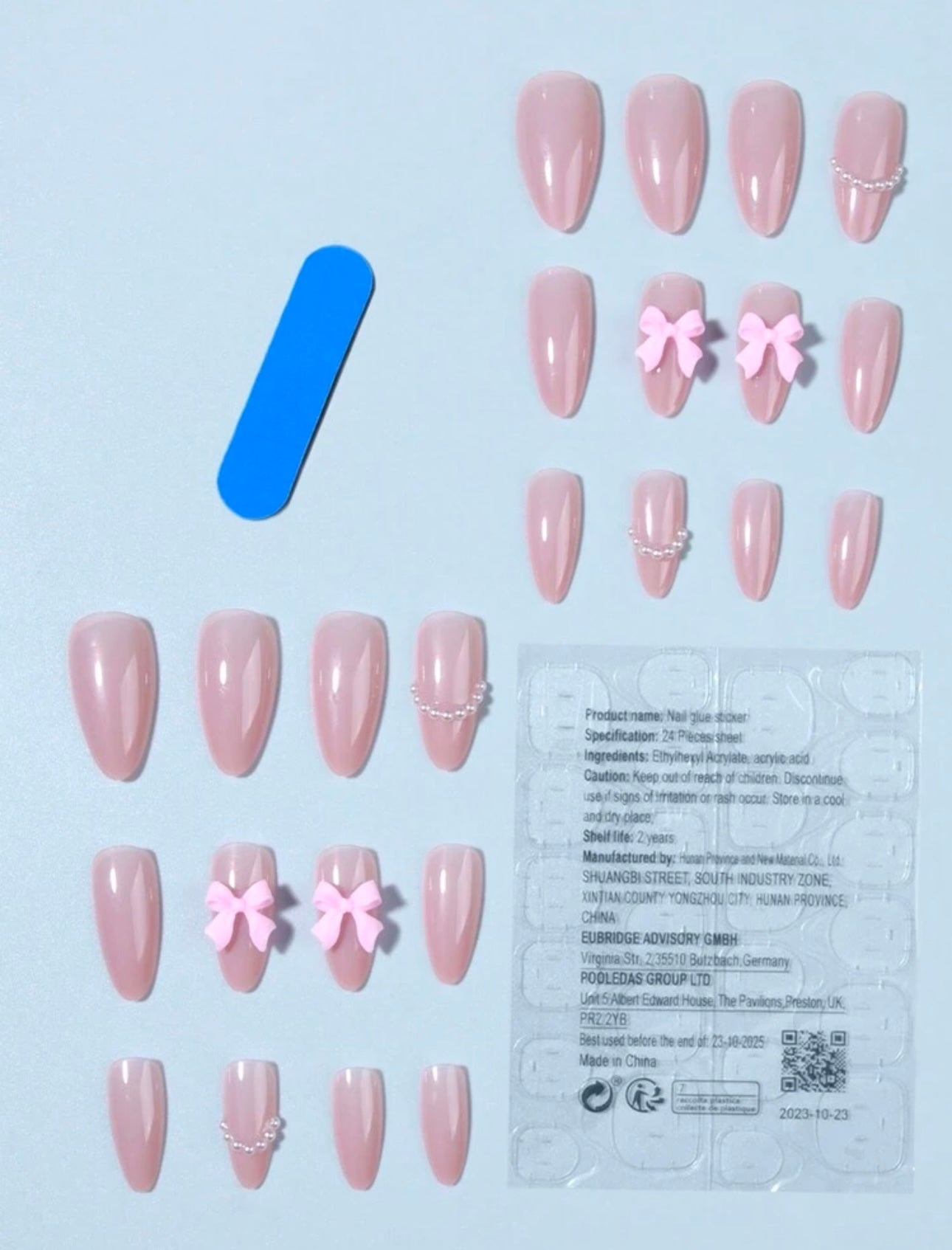 Soft Pink with 3D pearl & bow press-ons