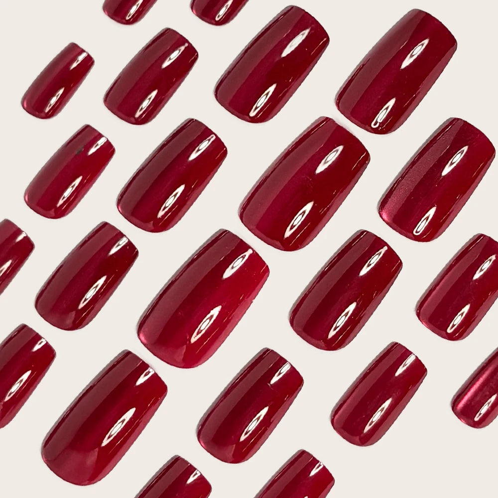 Burgundy Cat Eye Glossy Square Press-On Nails