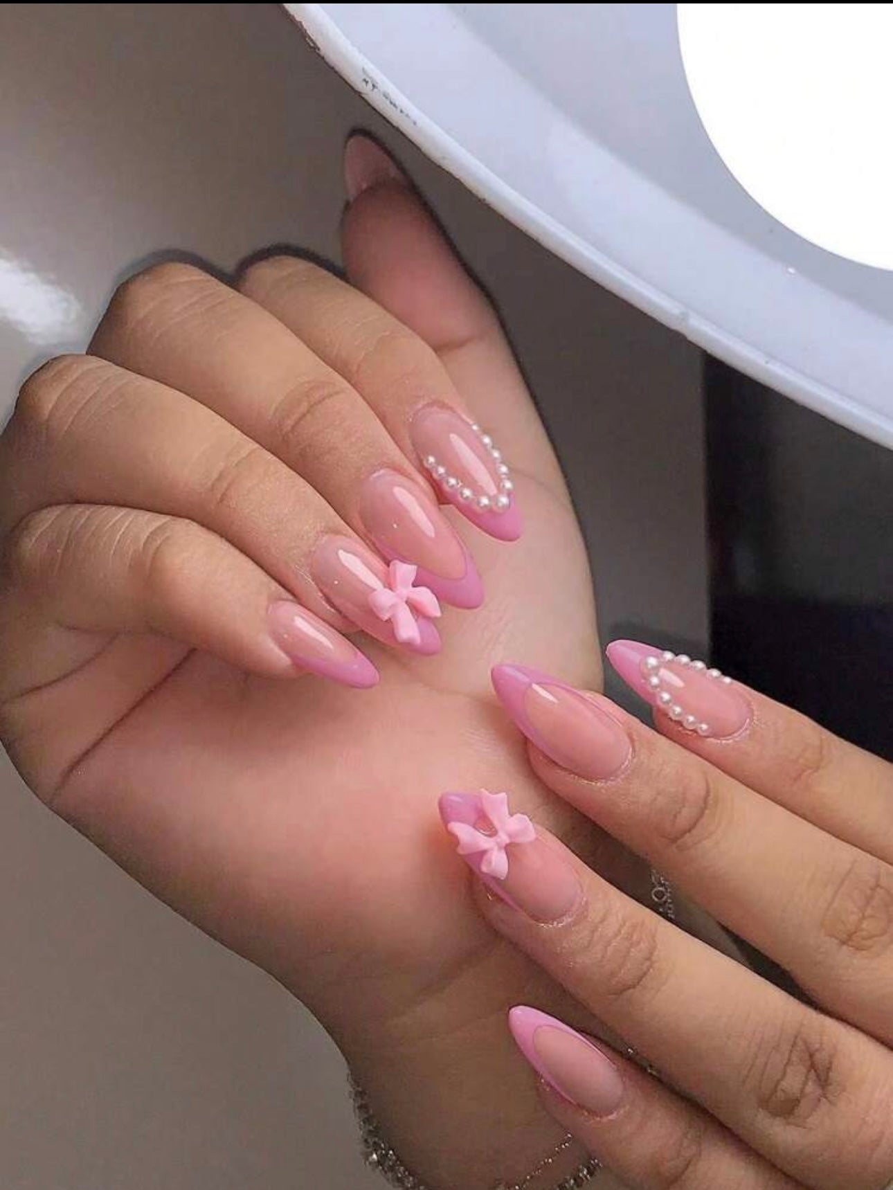 Pink Almond french bows and pearls press-ons