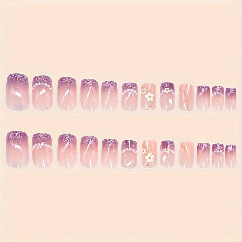 Floral and Pearl Glossy Finish press-on nails