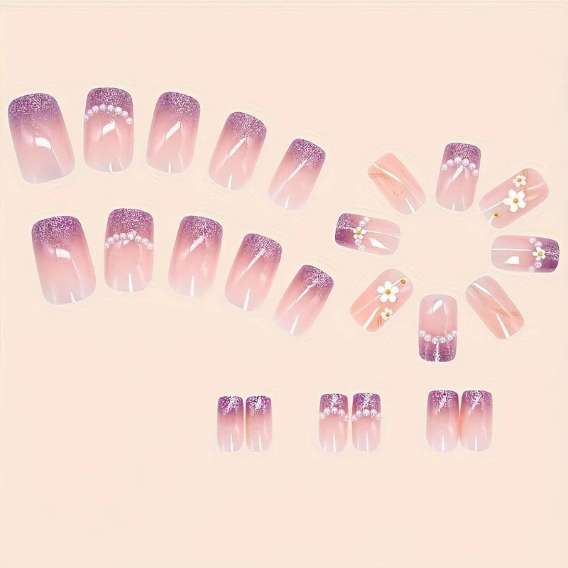 Floral and Pearl Glossy Finish press-on nails
