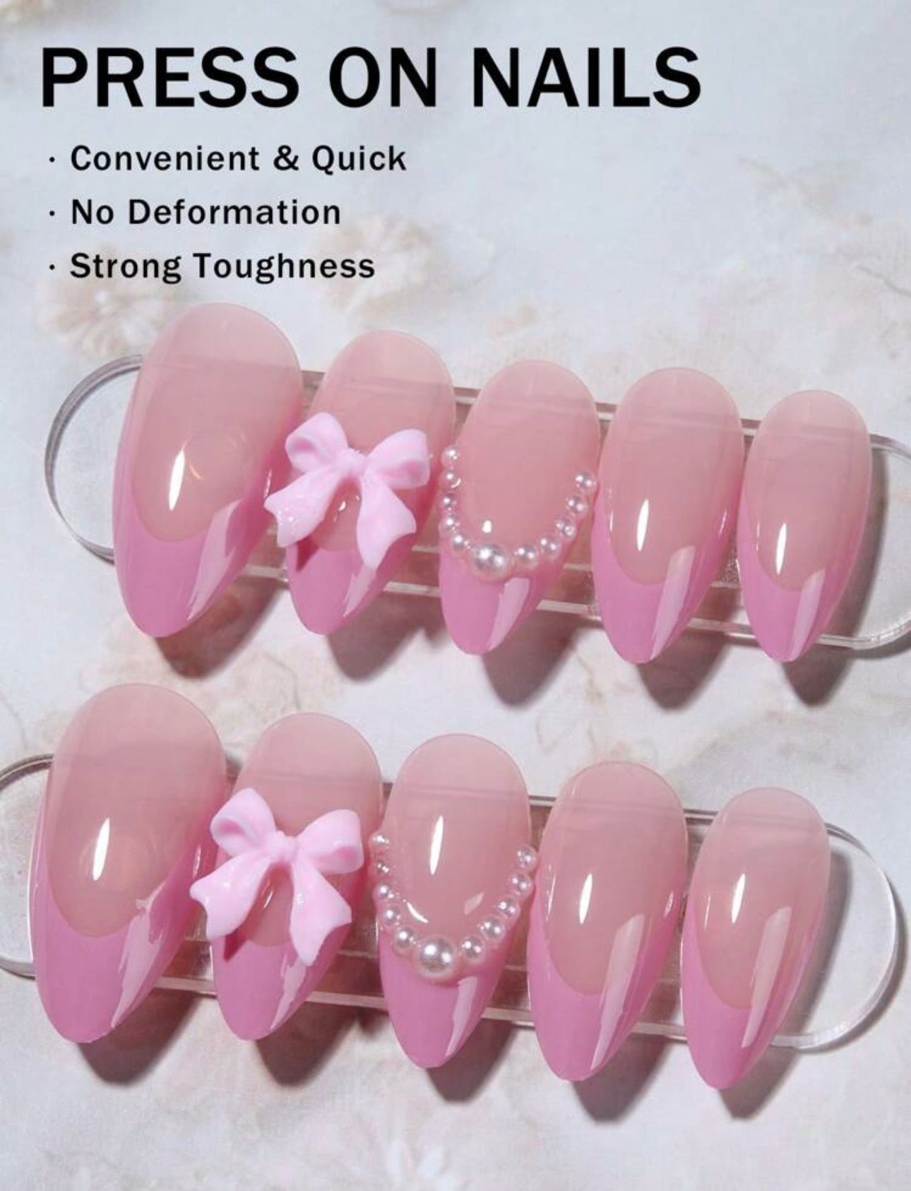 Pink Almond french bows and pearls press-ons