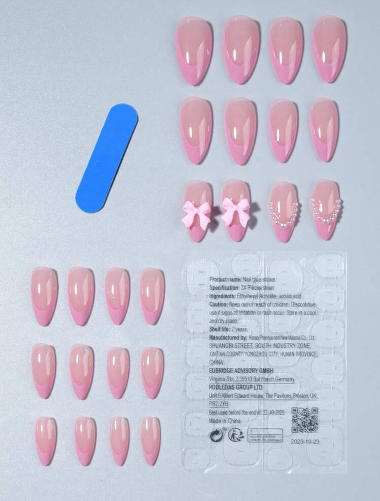 Pink Almond french bows and pearls press-ons