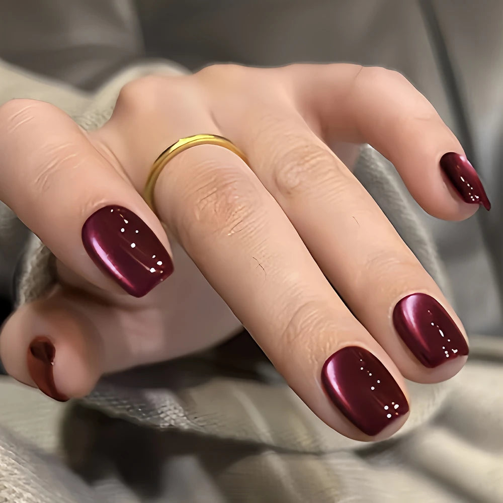Burgundy Cat Eye Glossy Square Press-On Nails