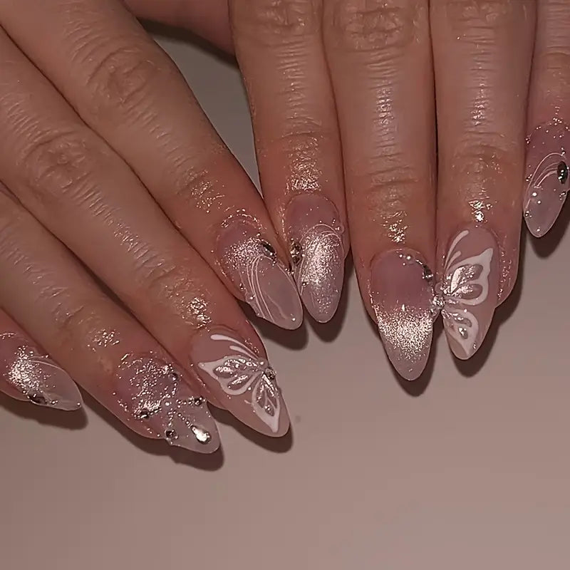 3D Starry Cat Eye Line Rhinestone Butterfly Press on Nails