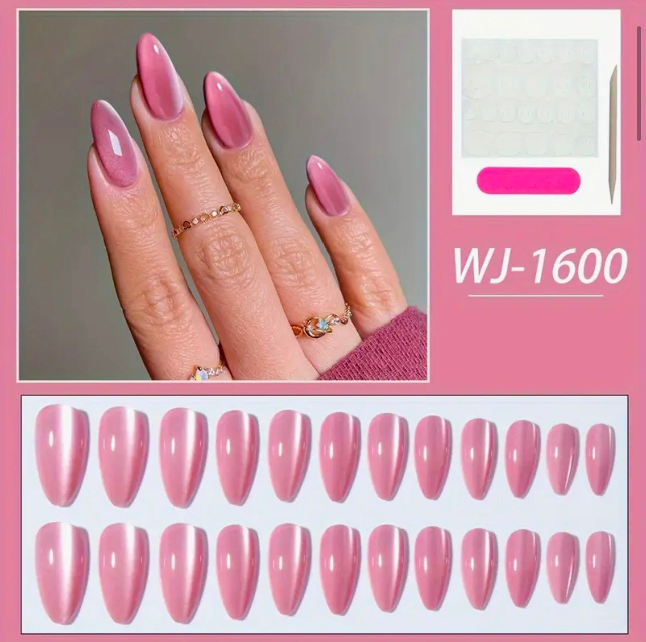 Almond shape pink cat eyes press on nails