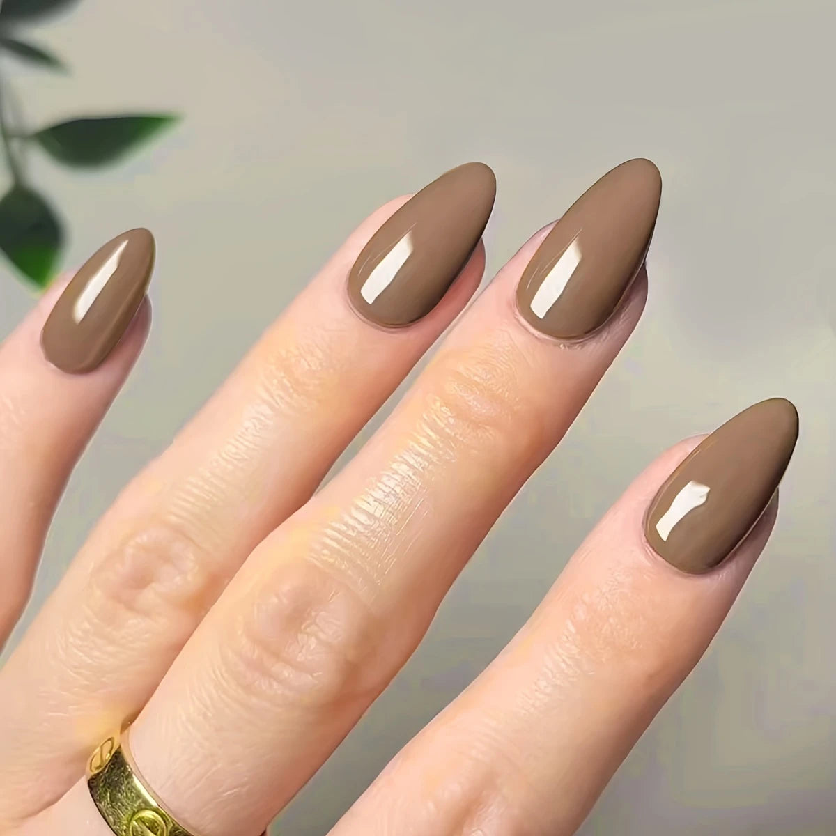 Coffee color almond shape shiny press-ons