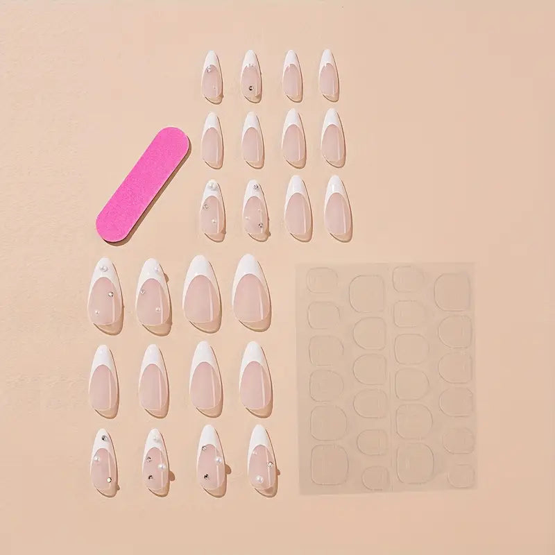 French Almond with pearl and rhinestones press-on nails