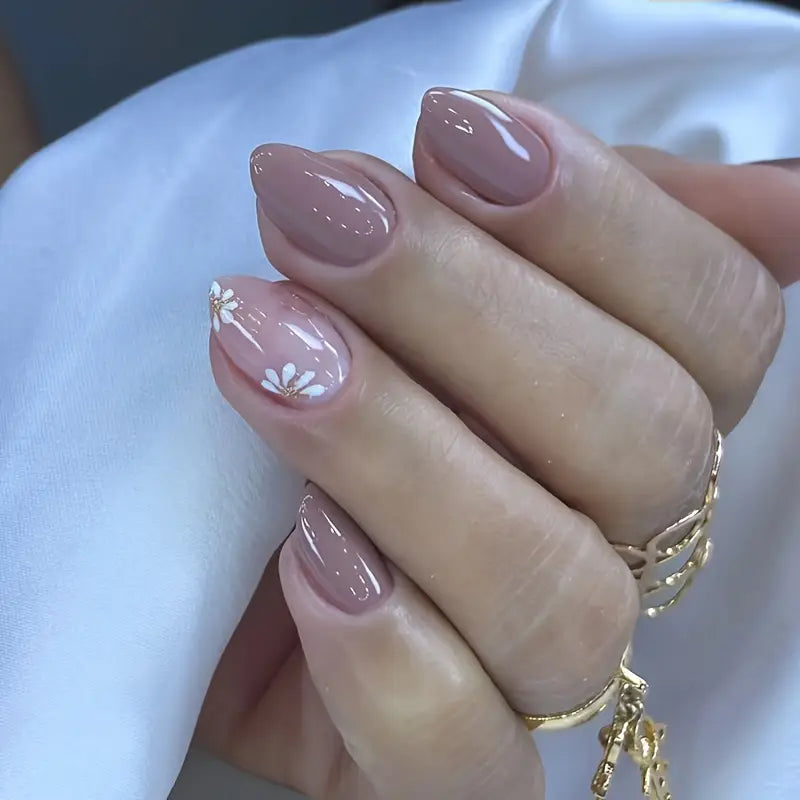 Soft Fuschia Pink with floral print almond shape press-on nails
