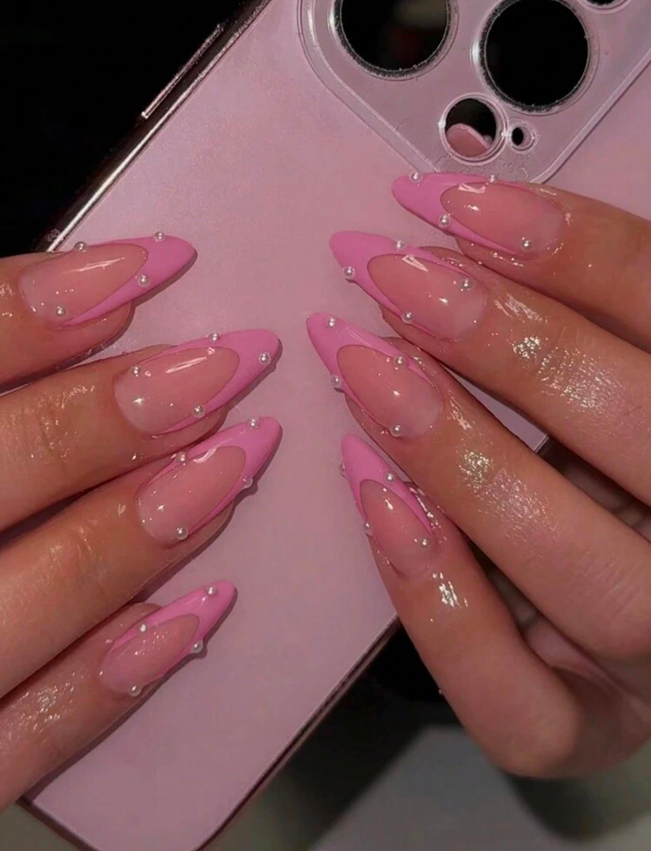 Premium Pink French with pearls press-ons