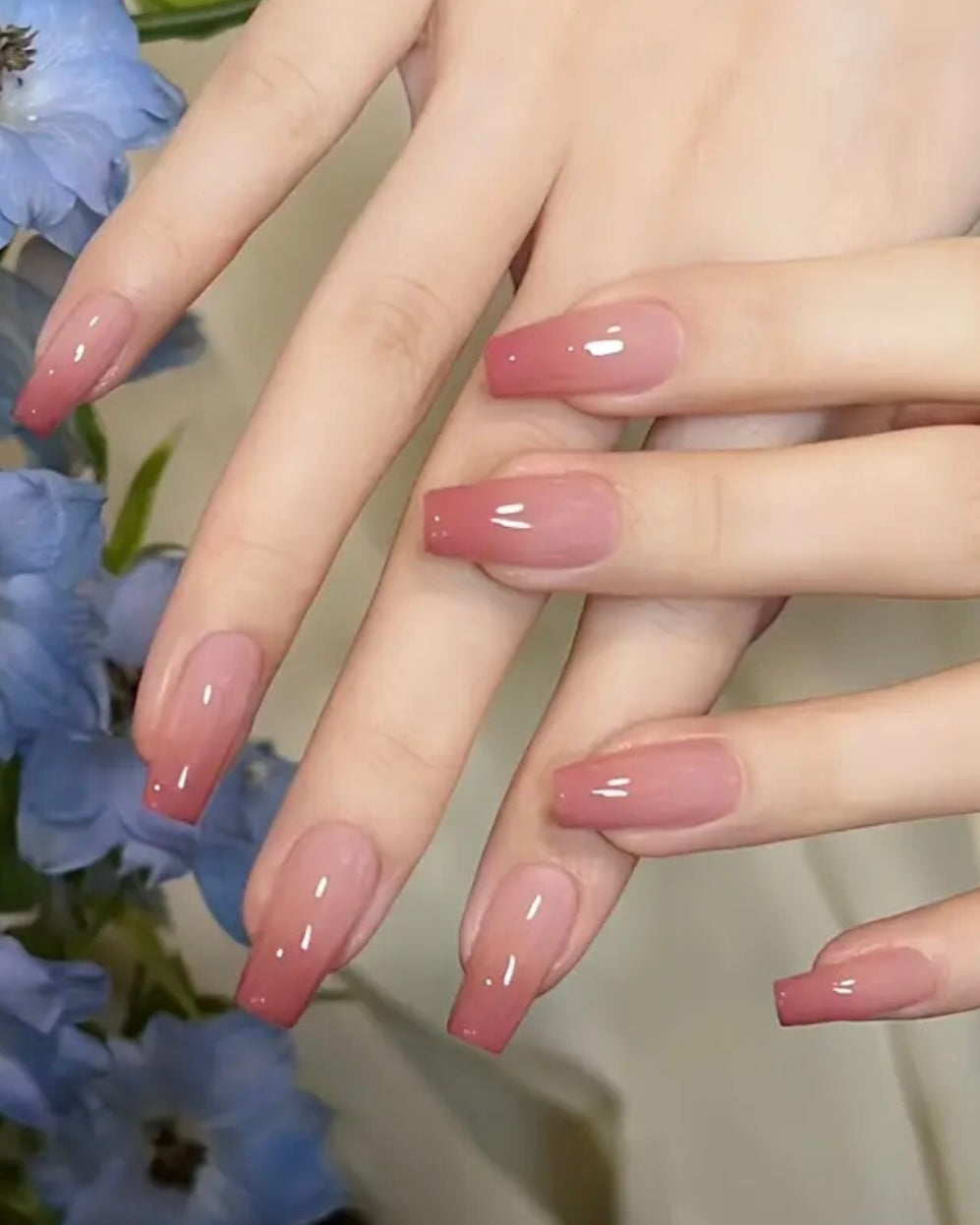 Coffin shape pink gradient style press on nails