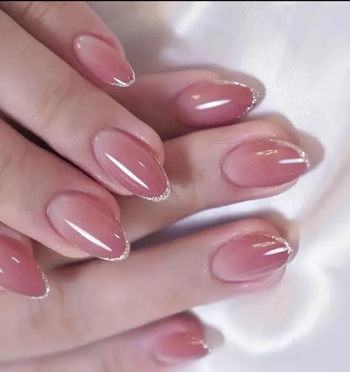 Oval Shape Pink gradient glitter Press-on Nails