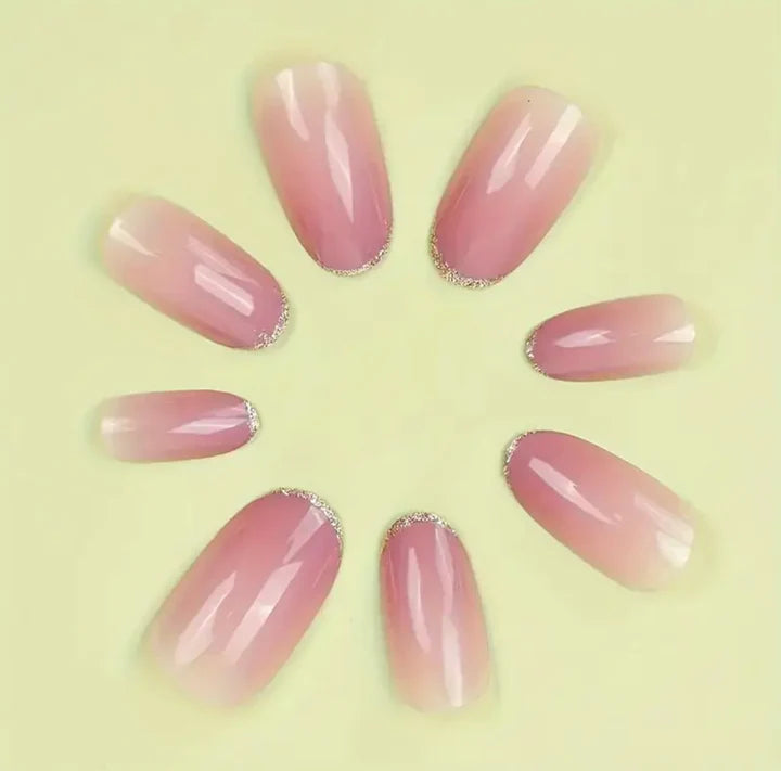 Oval Shape Pink gradient glitter Press-on Nails