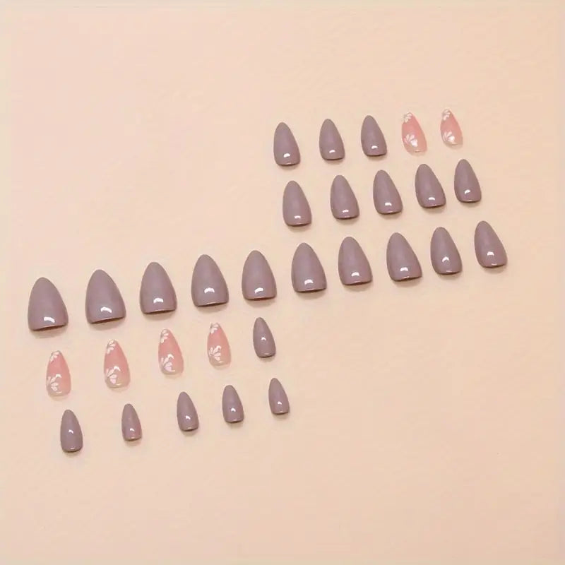 Soft Fuschia Pink with floral print almond shape press-on nails