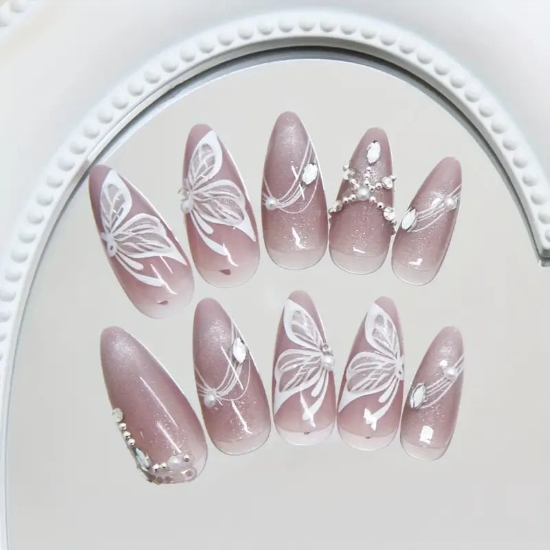 3D Starry Cat Eye Line Rhinestone Butterfly Press on Nails